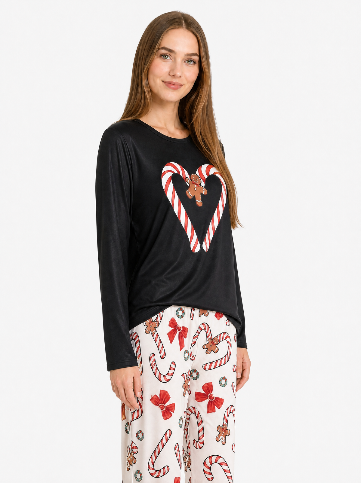 Women's candy cane print christmas pyjama set, side view