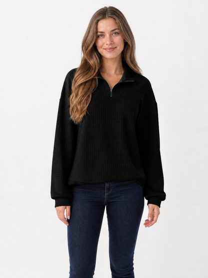 Women's Black textured quarter zip jumper, front view