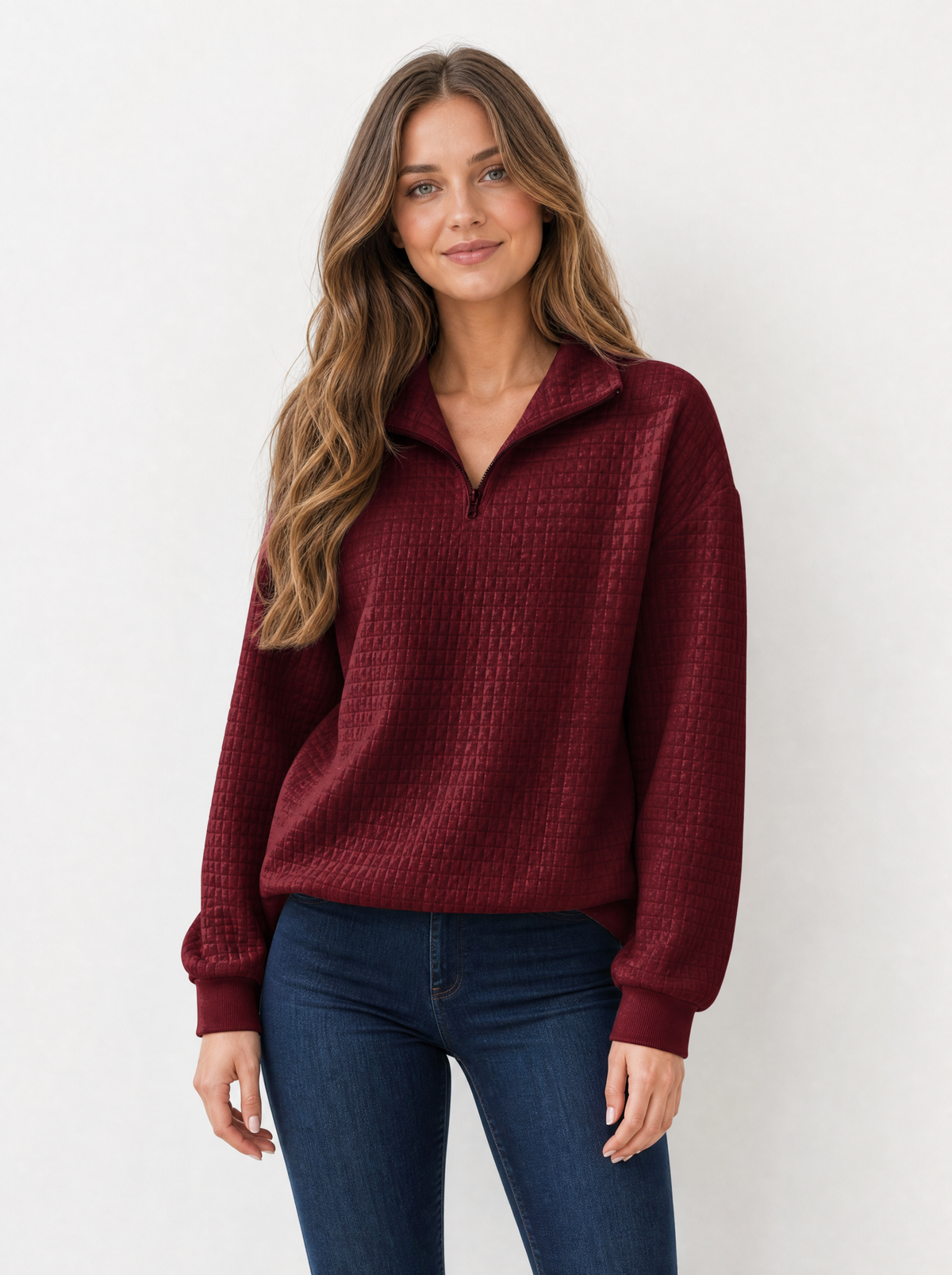Women's Deep Red textured quarter zip jumper, front view