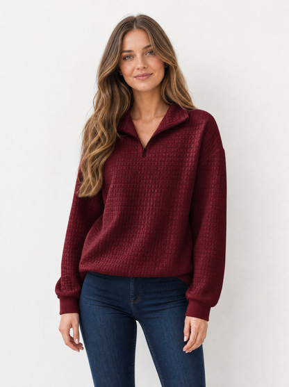 Women's Deep Red textured quarter zip jumper, front view