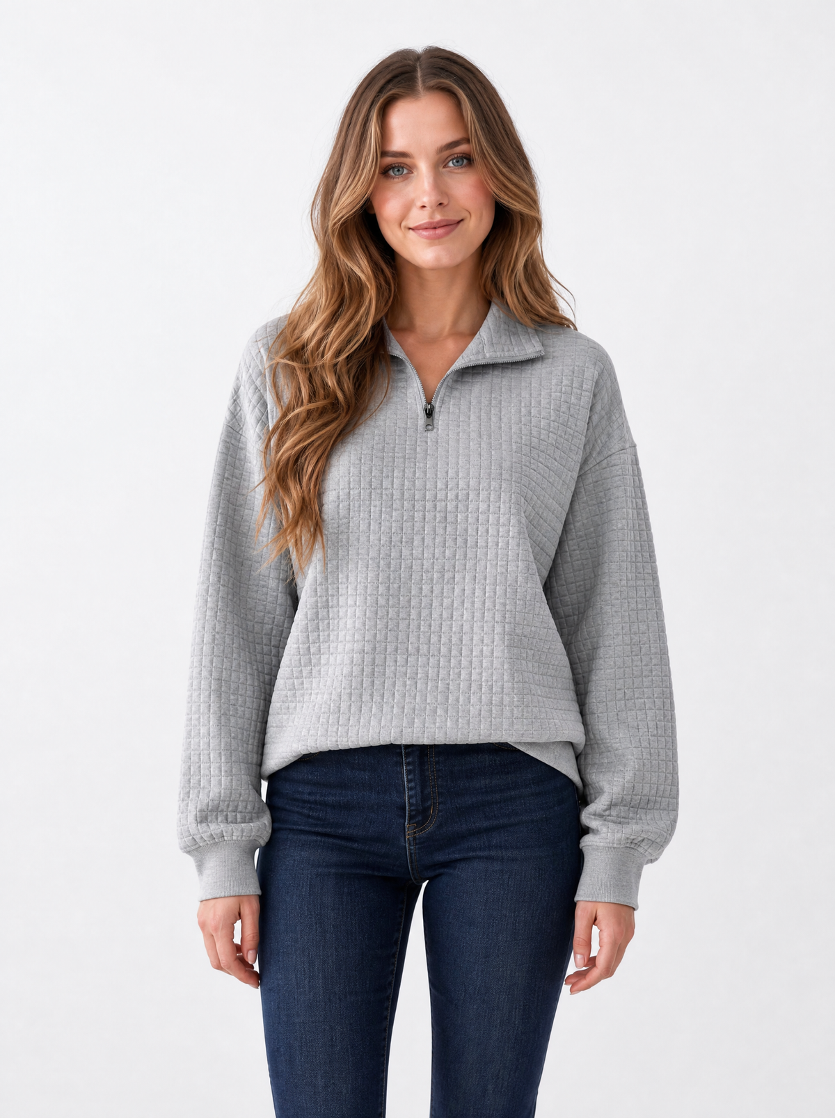 Women's Grey textured quarter zip jumper, front view