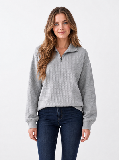 Women's Grey textured quarter zip jumper, front view