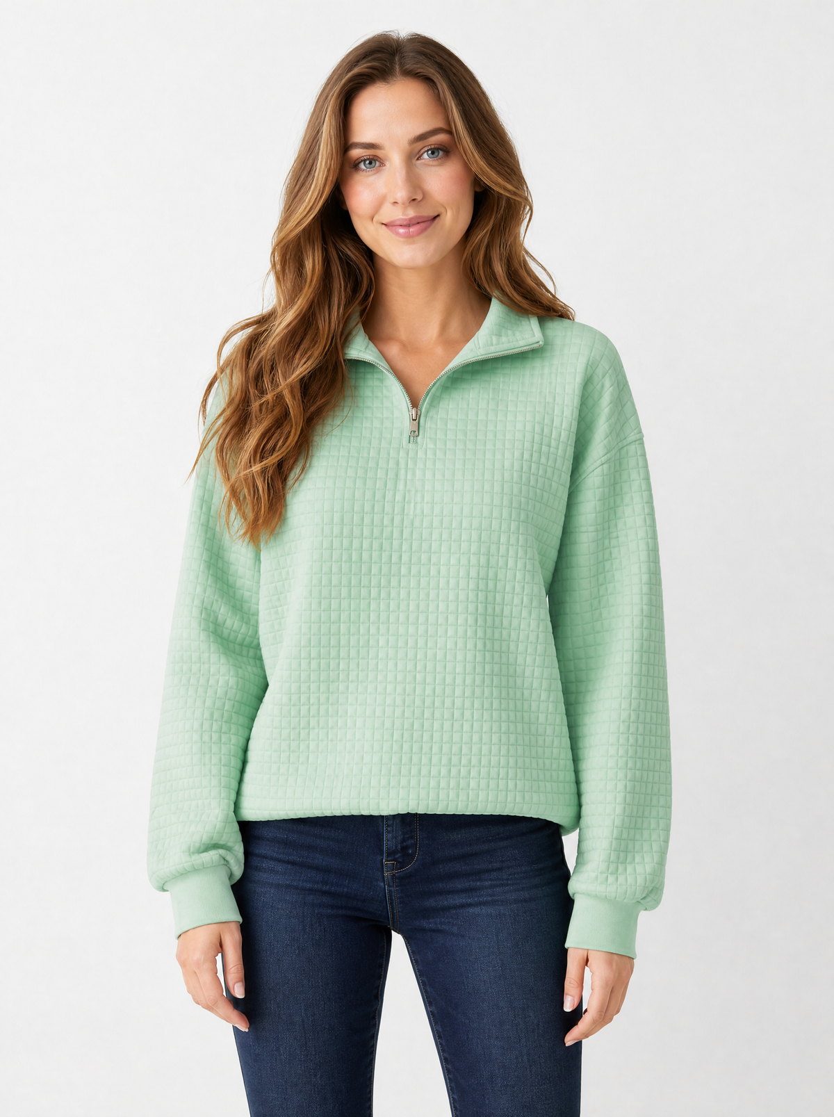 Women's Light Green textured quarter zip jumper, front view