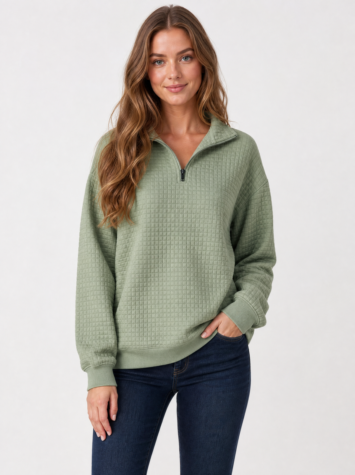 Women's Matcha textured quarter zip jumper, front view