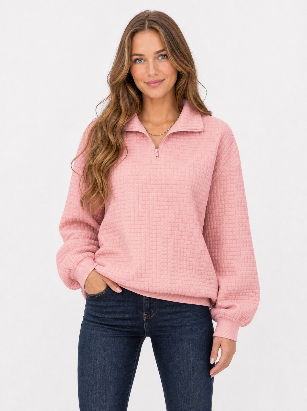 Women's Pink textured quarter zip jumper, front view