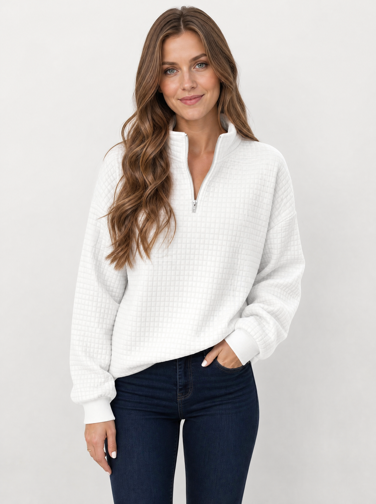 Women's White textured quarter zip jumper, front view
