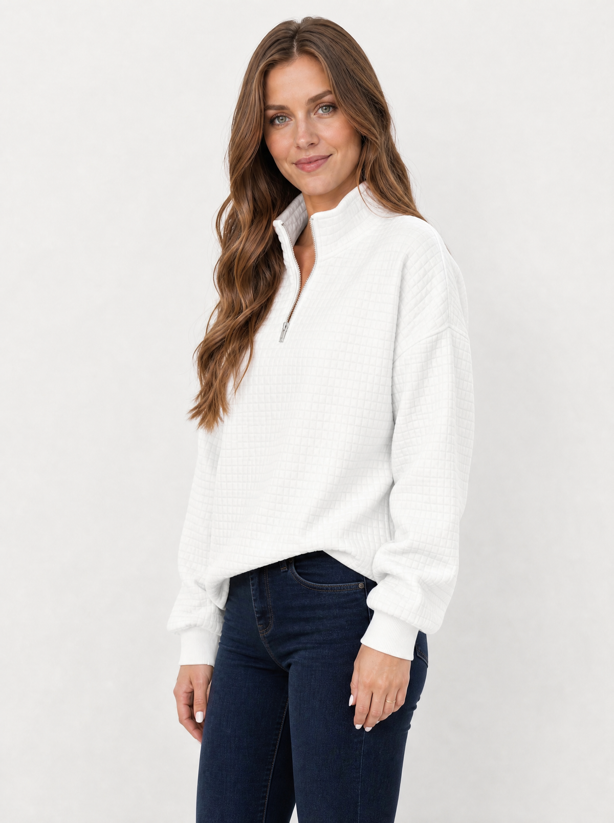 Women's White textured quarter zip jumper, side view