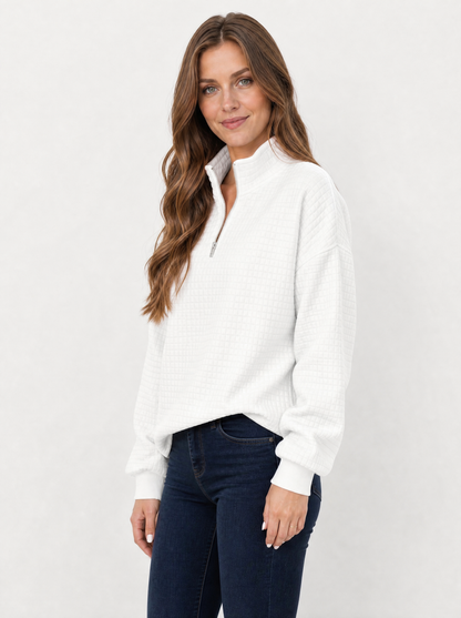 Women's White textured quarter zip jumper, side view