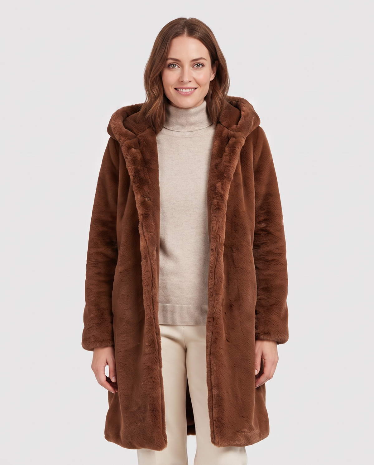 Women's Hooded Faux Fur Coat in Brown – front view