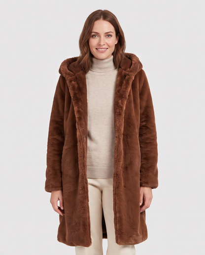 Women's Hooded Faux Fur Coat in Brown – front view