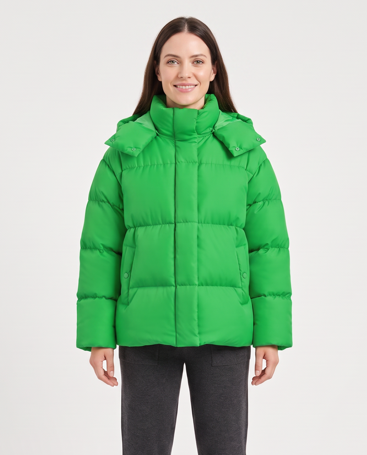 Women's Relaxed Hooded Puffer Jacket in Green – front view