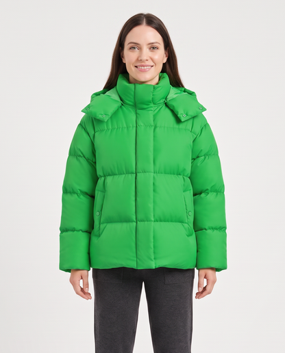 Women's Relaxed Hooded Puffer Jacket in Green – front view