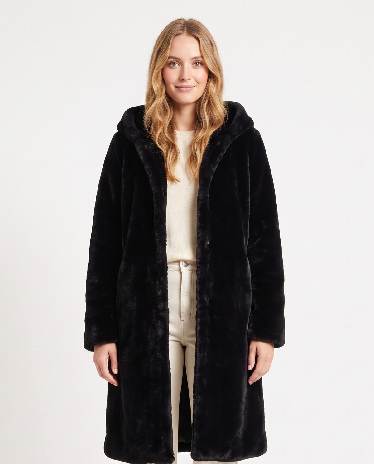 Women's Hooded Faux Fur Coat in Black – front view