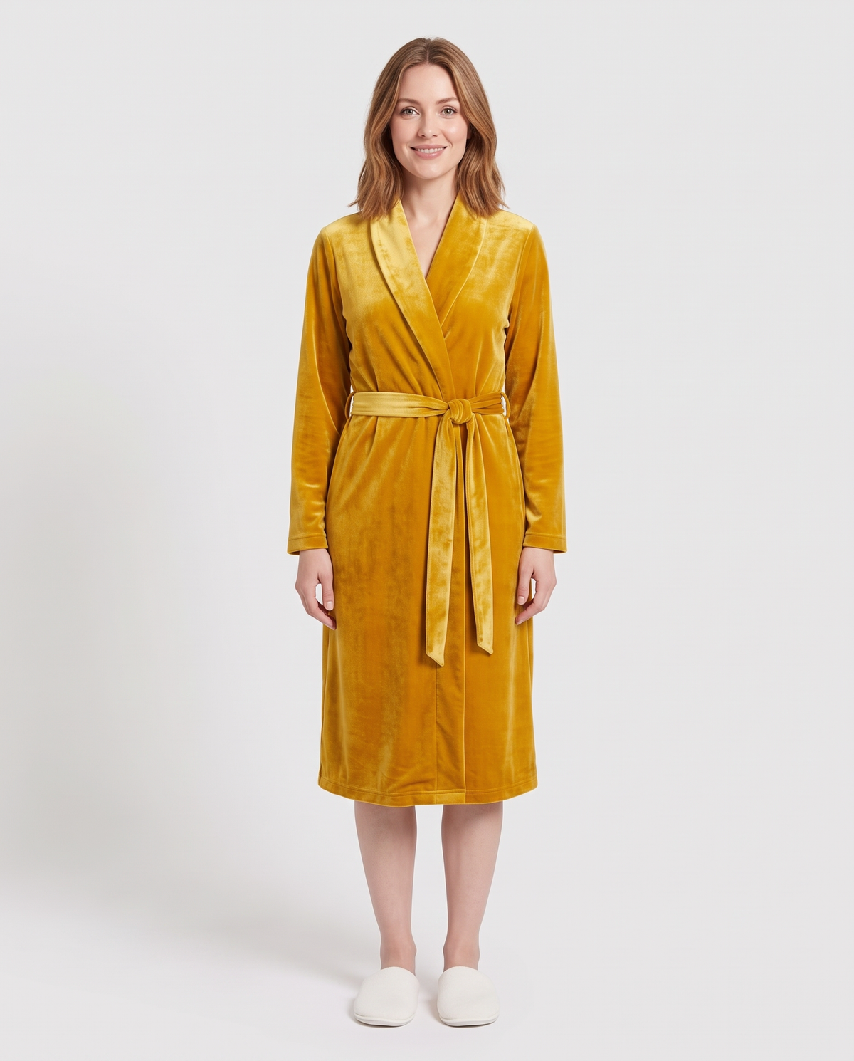 Women's Velvet Long Dressing Gown in Yellow, front view