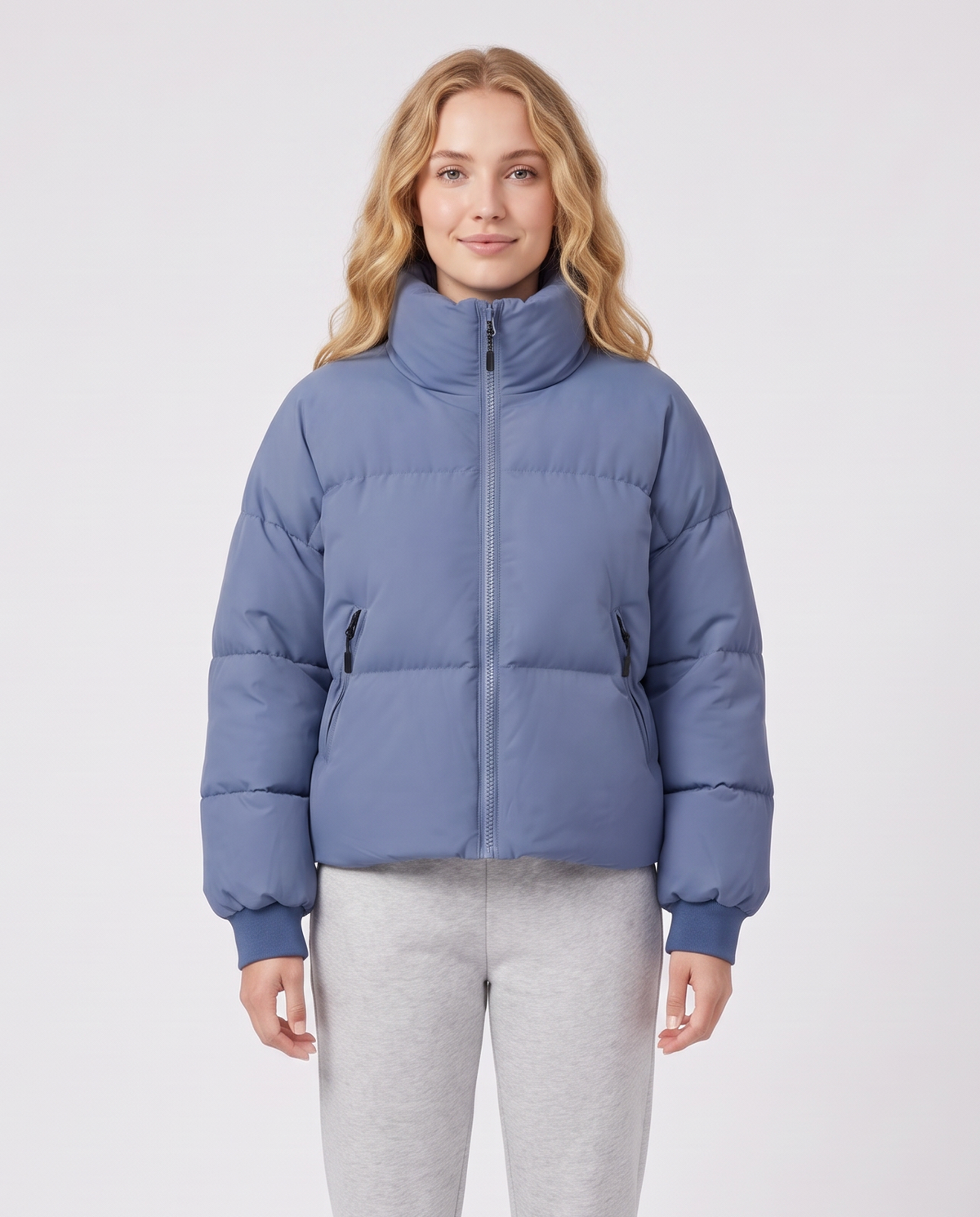Women's High-Collar Puffer Jacket in Blue – front view