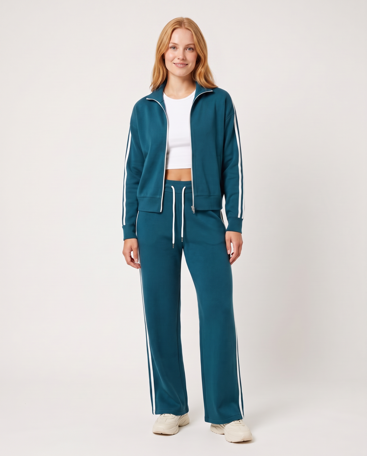 Women's Contrast Stripe Zip Up Lounge Tracksuit Set in Blue Green – front view