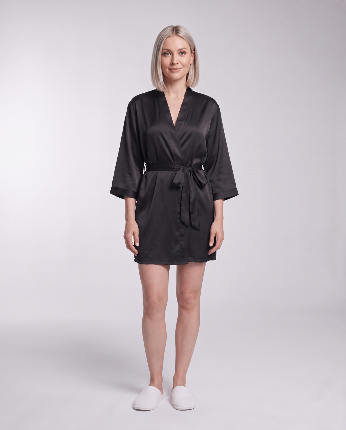 Women's Short Tie-Waist Dressing Gown in Black – front view