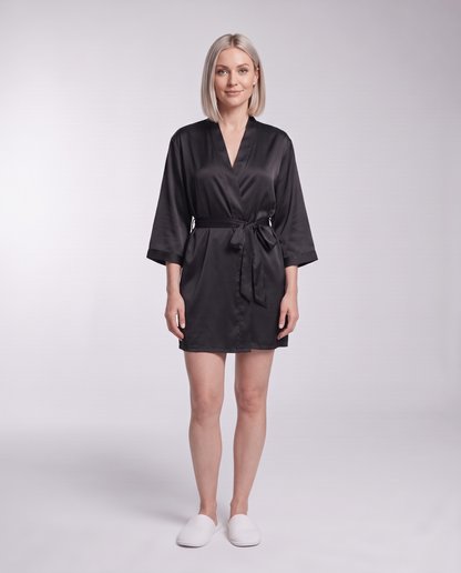 Women's Short Tie-Waist Dressing Gown in Black – front view