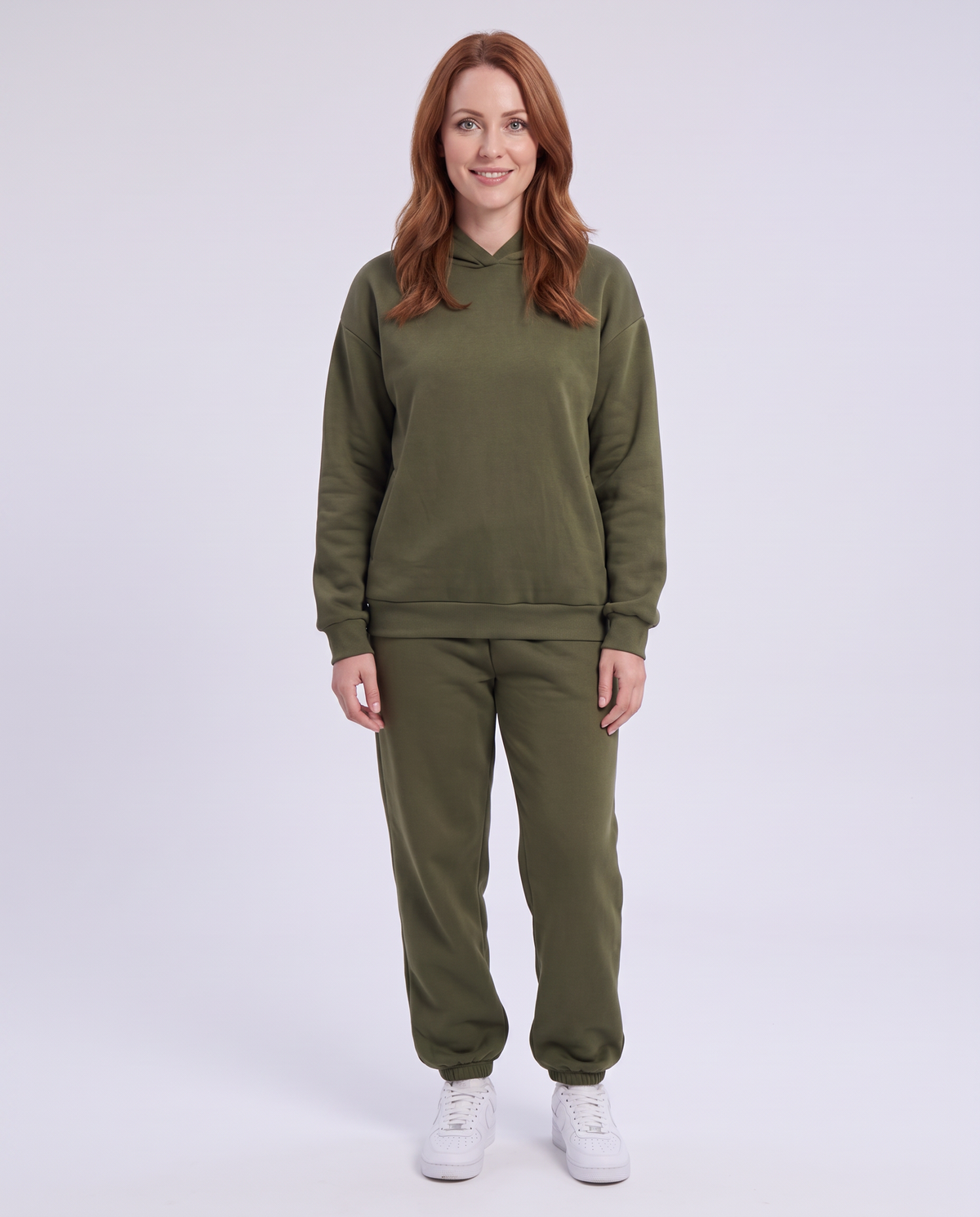 Women's Oversized Hooded Tracksuit Set in Olive Green – front view