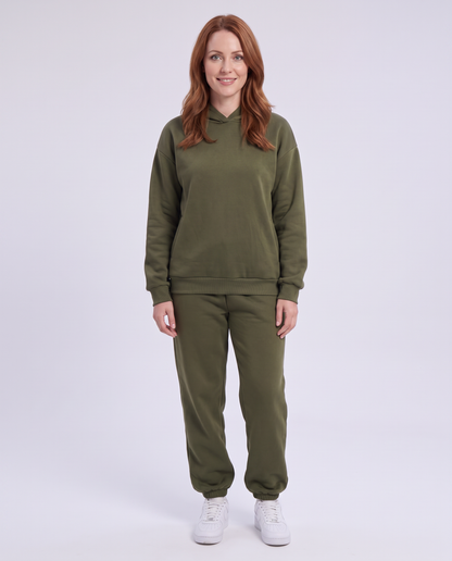 Women's Oversized Hooded Tracksuit Set in Olive Green – front view