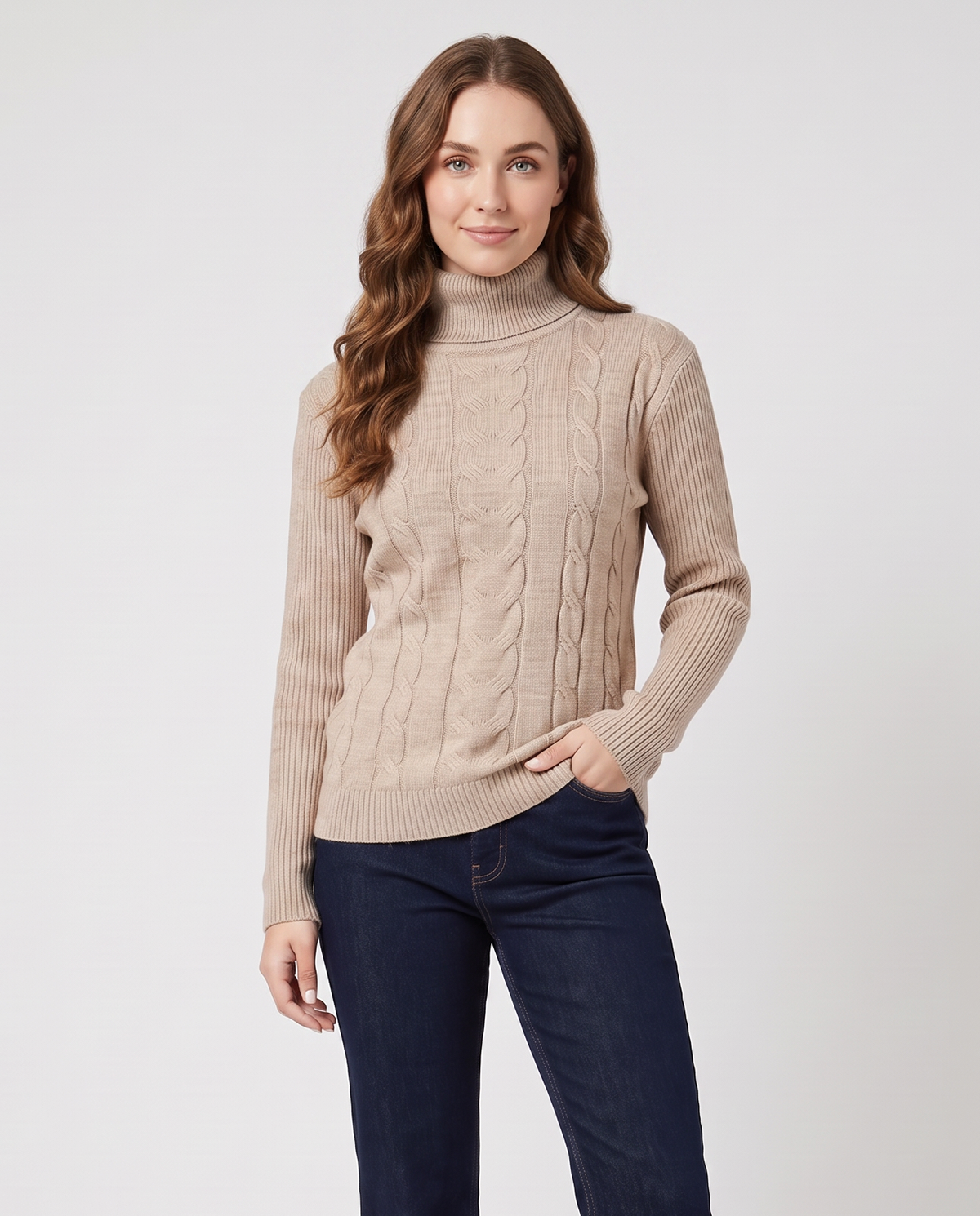 Women's Turtleneck Knit Jumper in Beige – front view