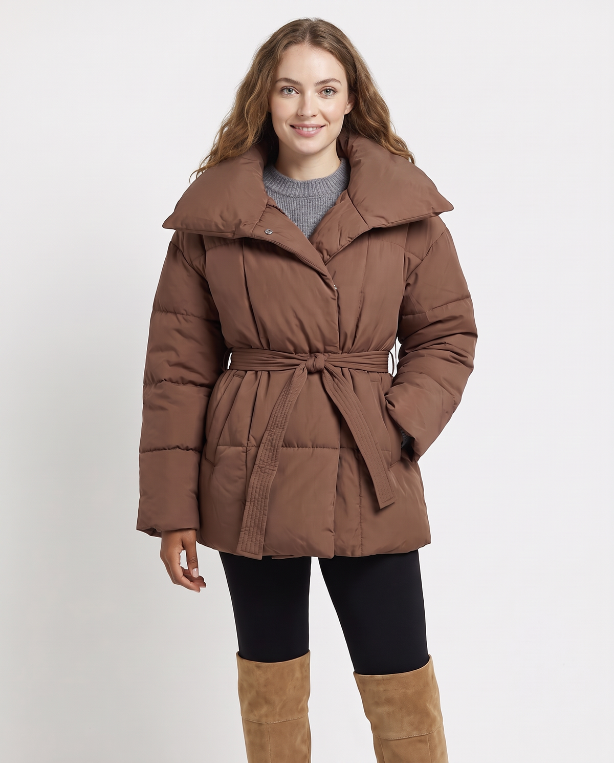 Women's Belted Puffer Jacket in Brown – front view