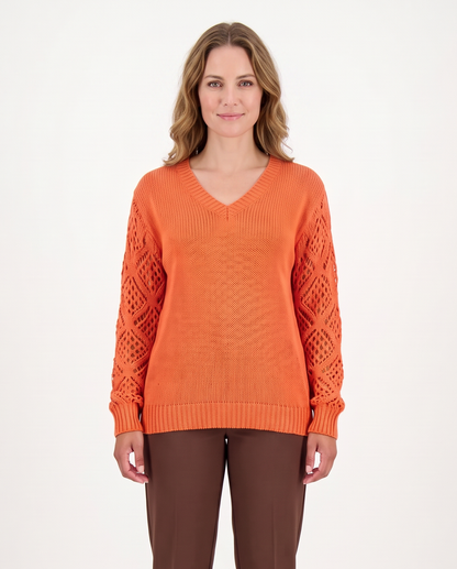 Women's Knitted V-Neck Jumper Open Sleeve Detail Pullover in Orange – front view
