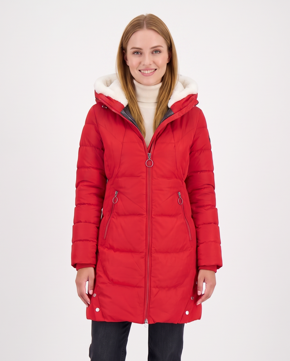 Women's Plush-Lined Long Puffer Jacket in Red – front view