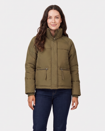 Women's Short Puffer Jacket in Olive Green – front view