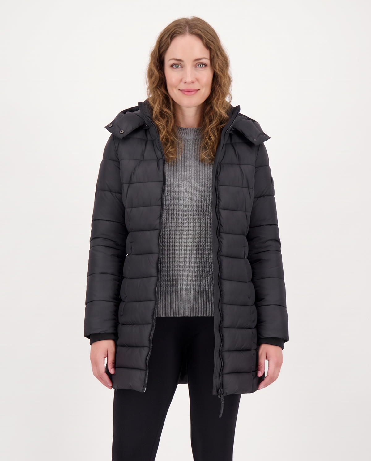Women's Puffer Quilted Slim Mid-Length Jacket in Black – front view