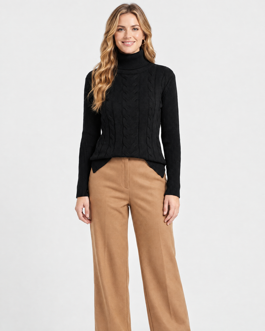 Women's Turtleneck Knit Jumper in Black – front view