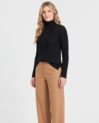 Women's Turtleneck Knit Jumper in Black – three-quarter view