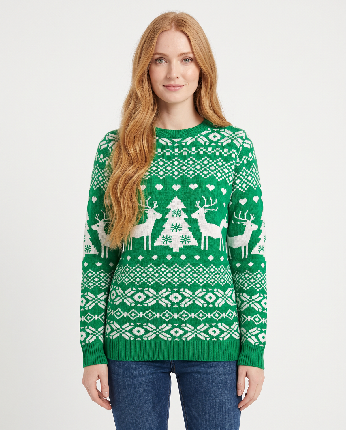 Women's green reindeer fair isle Christmas jumper, front view