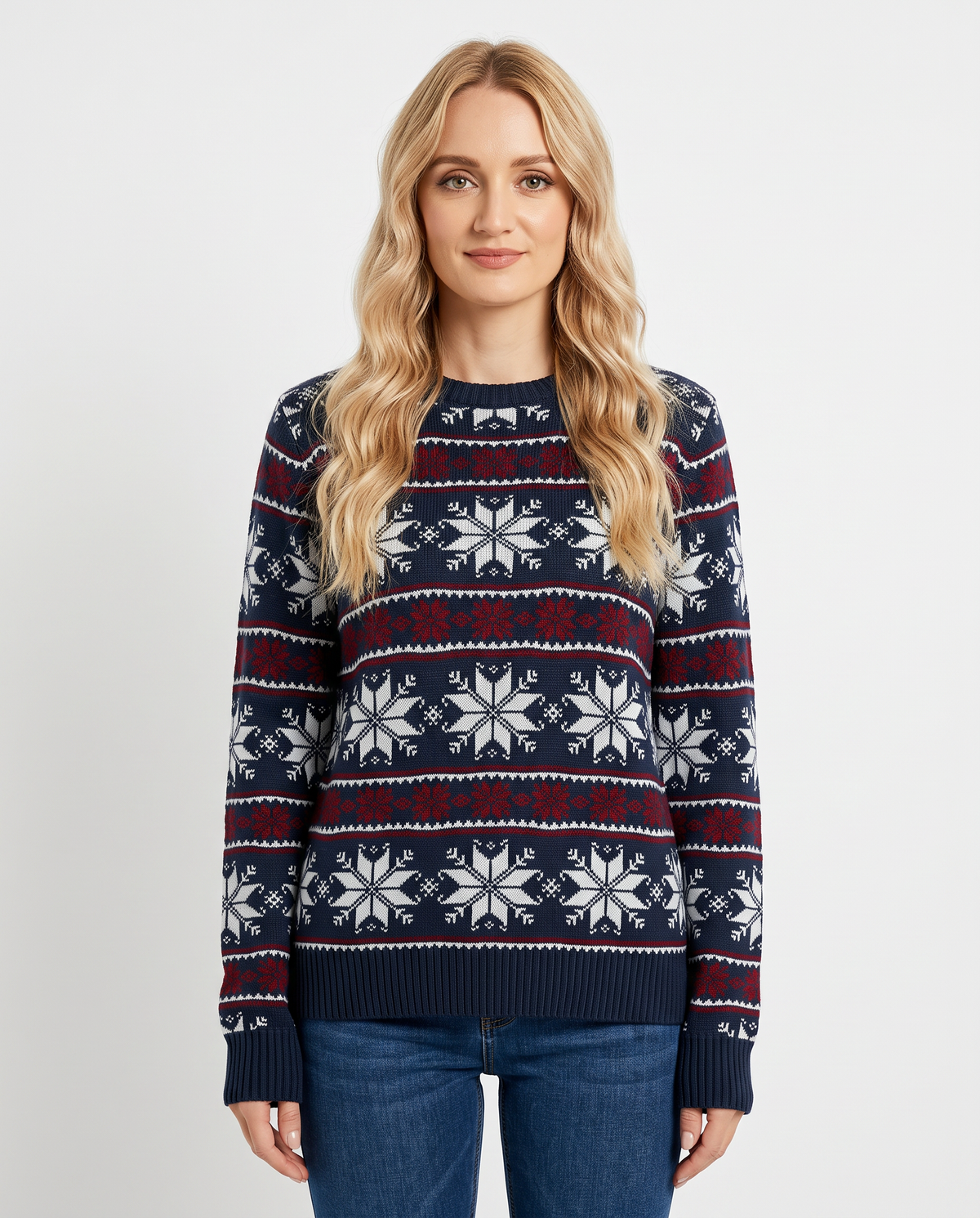 Women's blue snowflake fair isle Christmas jumper, front view
