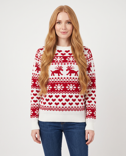 Women's white reindeer fair isle Christmas jumper, front view