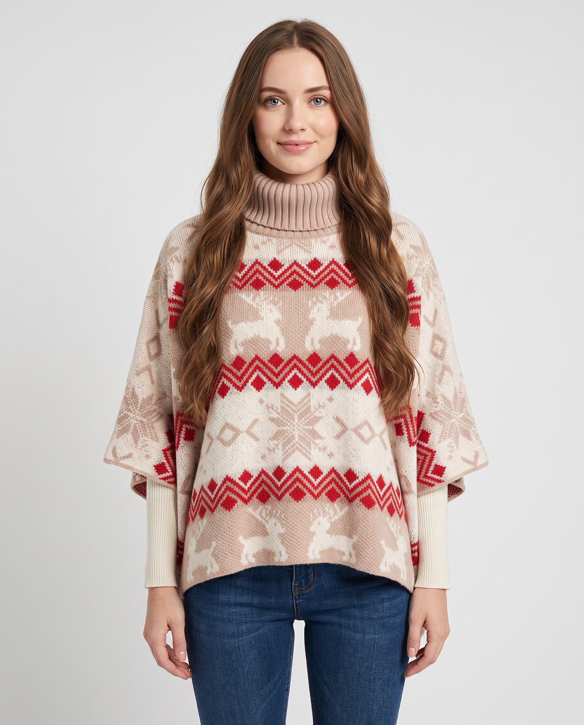 Women's red roll neck Christmas jumper, front view
