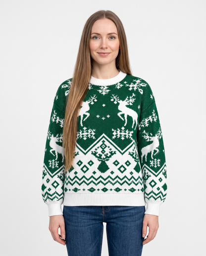 Women's green fair isle Christmas jumper, front view