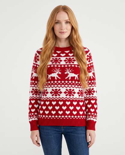 Women's red reindeer fair isle Christmas jumper, front view