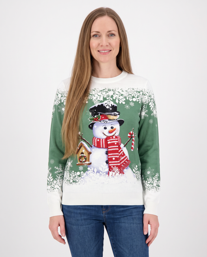 Women's green snowman Christmas jumper, front view