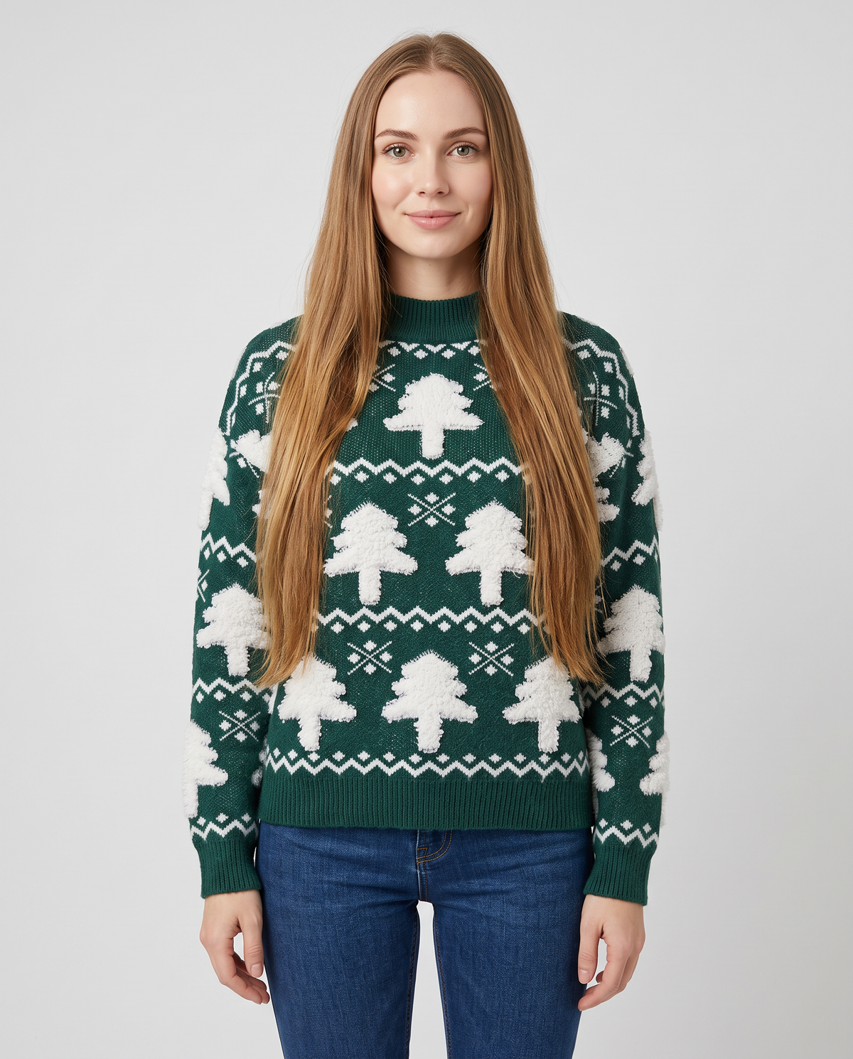 Women's green Christmas tree knit jumper, front view