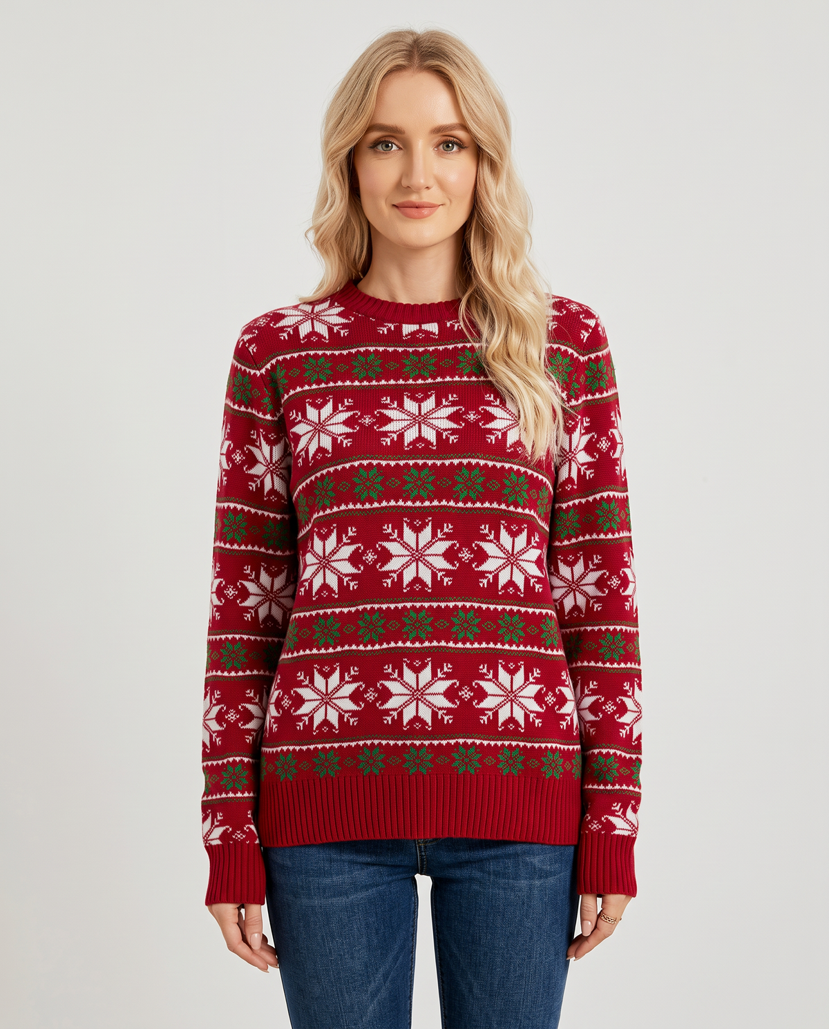 Women's red snowflake fair isle Christmas jumper, front view