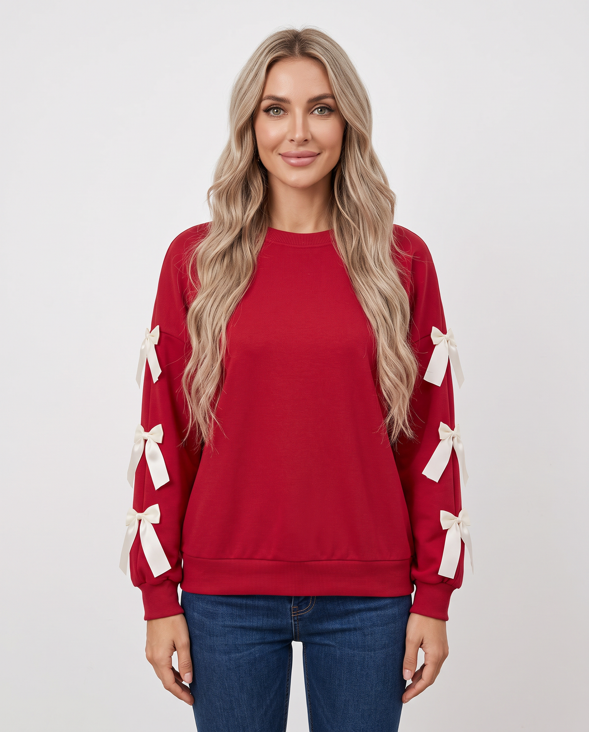 Women's red bow sleeve Christmas jumper, front view