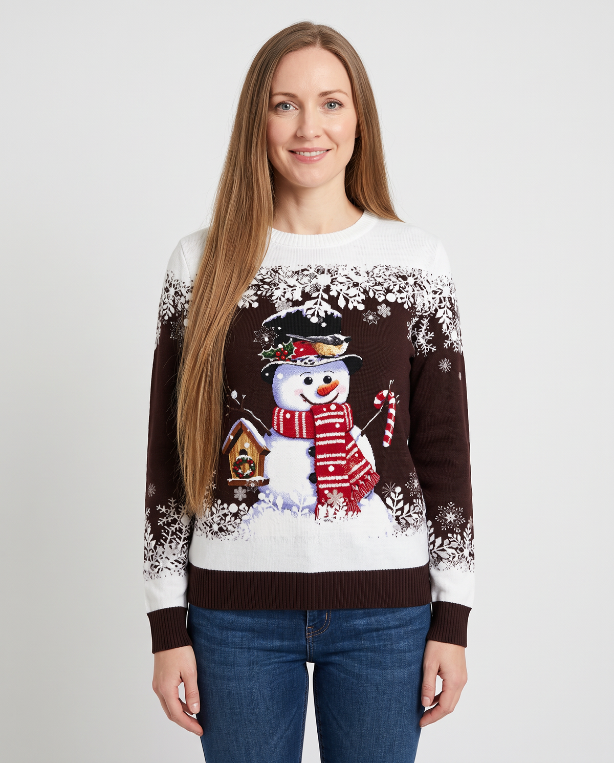 Women's dark brown snowman Christmas jumper, front view