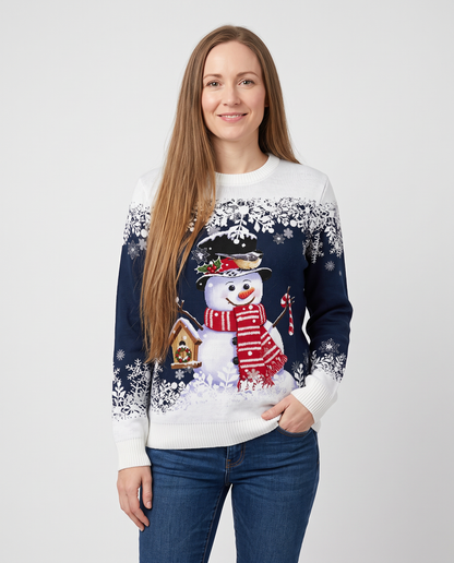 Women's dark blue snowman Christmas jumper, front view