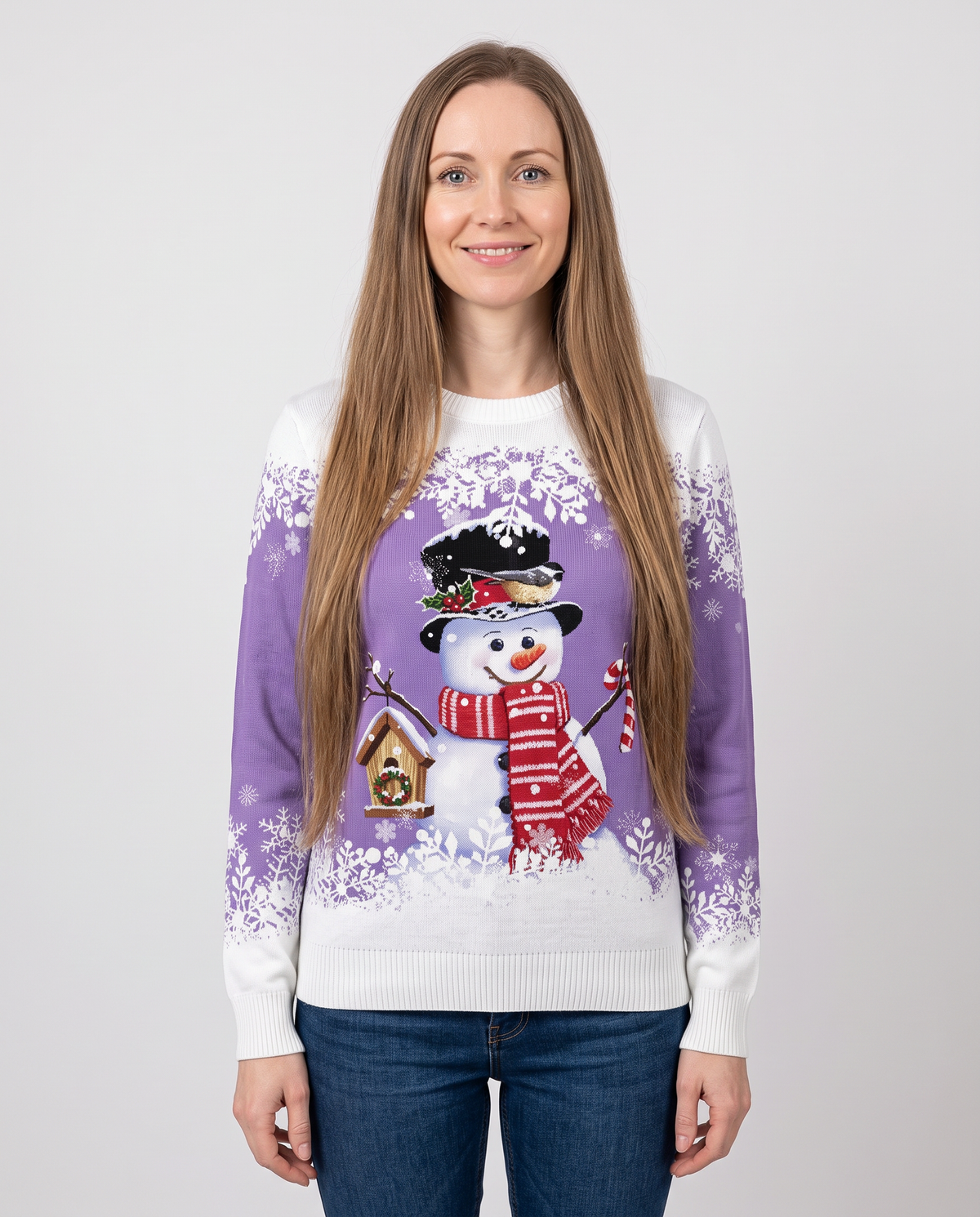 Women's purple snowman Christmas jumper, front view