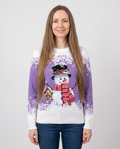 Women's purple snowman Christmas jumper, front view