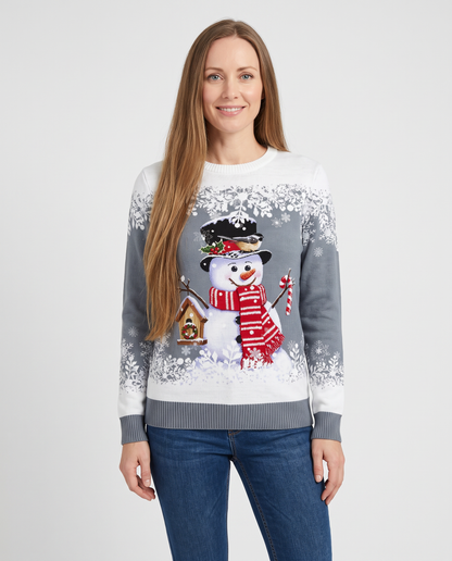 Women's grey snowman Christmas jumper, front view