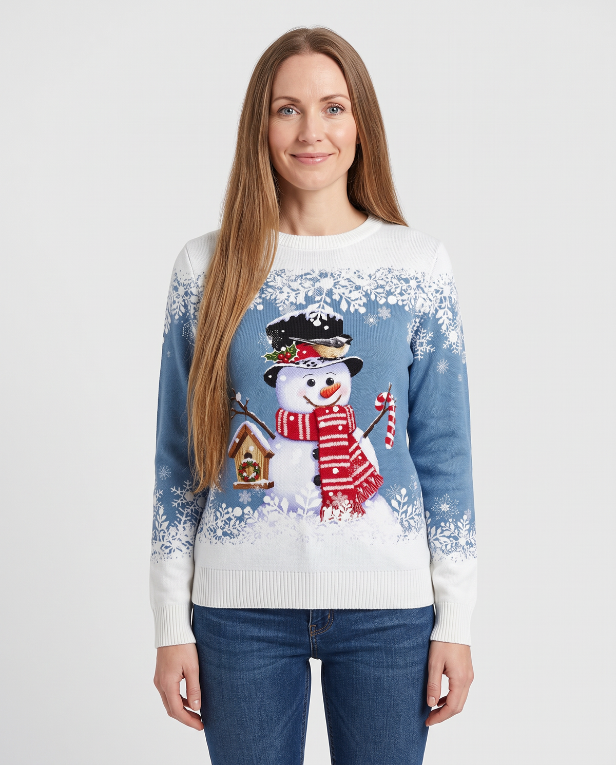 Women's blue snowman Christmas jumper, front view