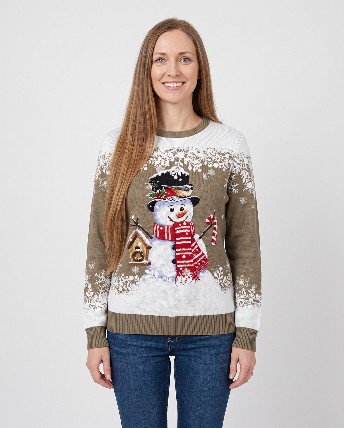 Women's khaki snowman Christmas jumper, front view