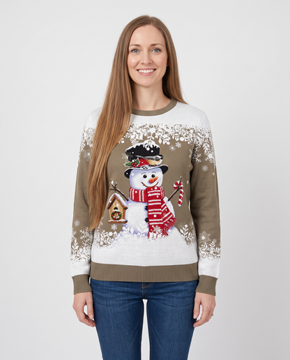 Women's khaki snowman Christmas jumper, front view